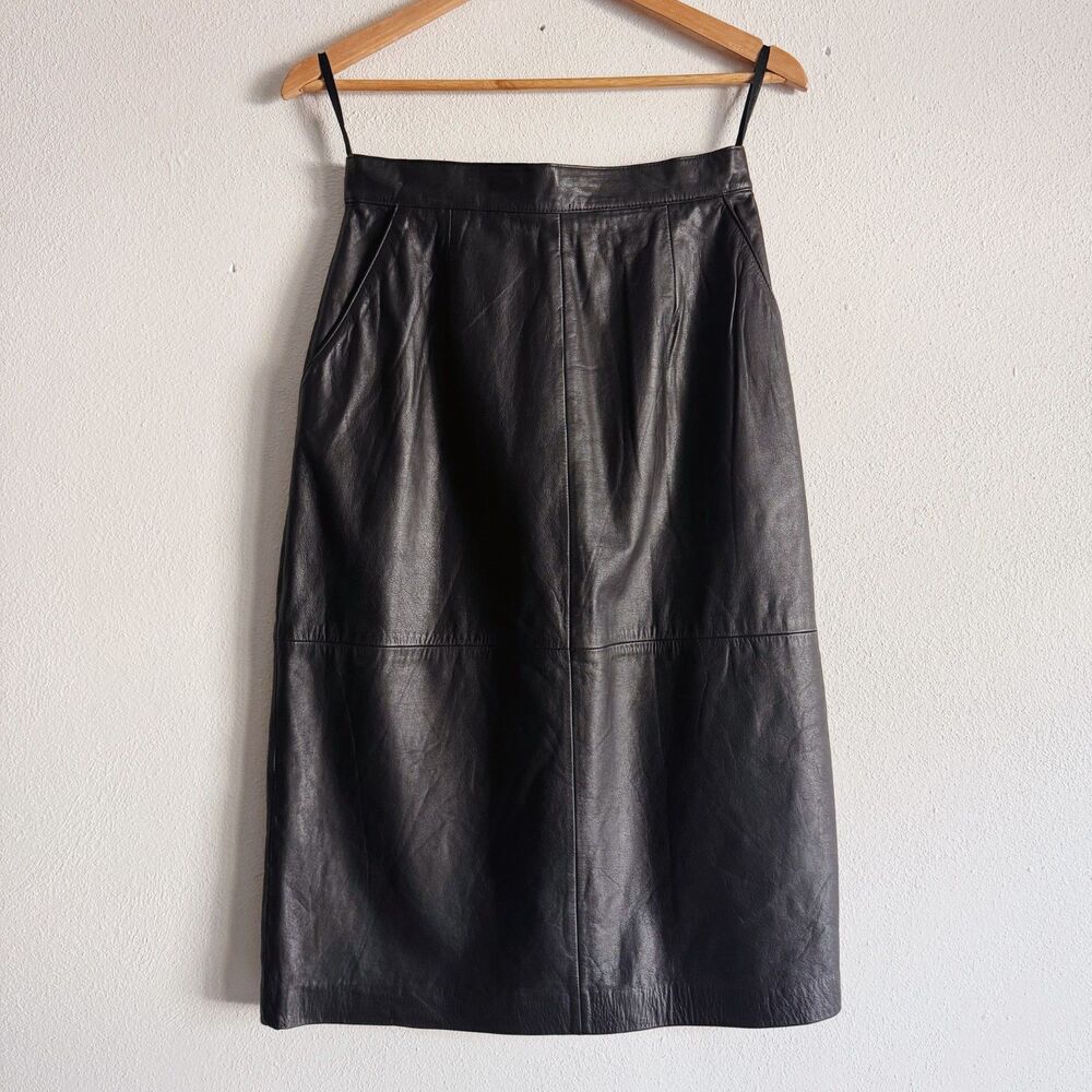 80s vintage high waist leather midi skirt
